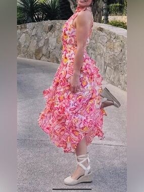 Halter Dress - CeCe Pink and Yellow Floral Maxi Dress